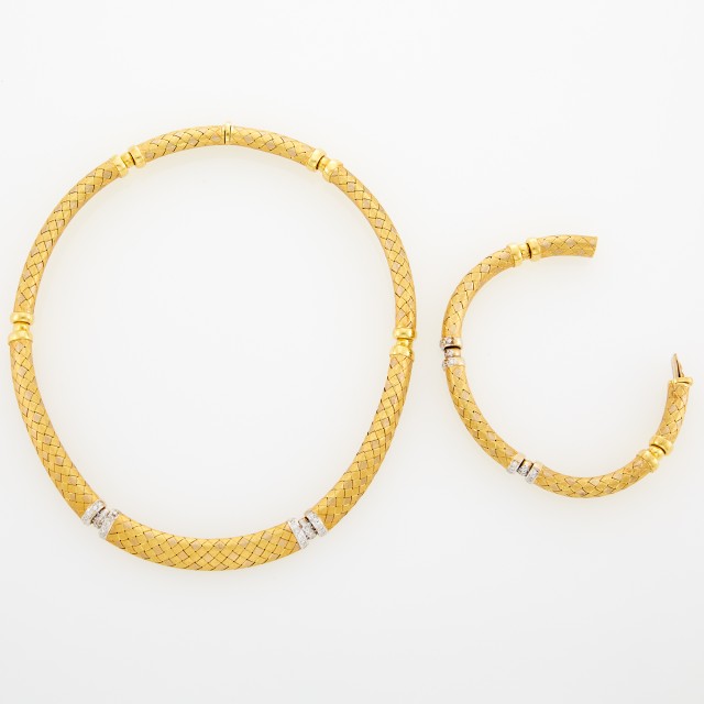 Tricolor Gold and Diamond Necklace and Bracelet