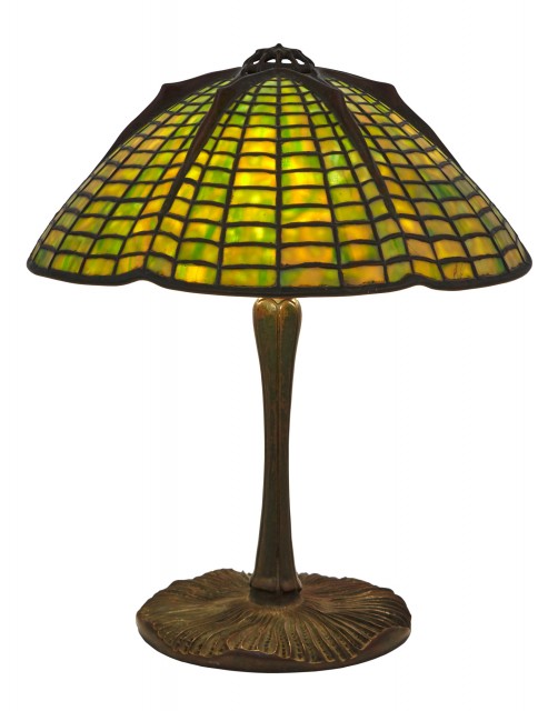 Tiffany Studios Bronze and Leaded Glass Spider Table Lamp