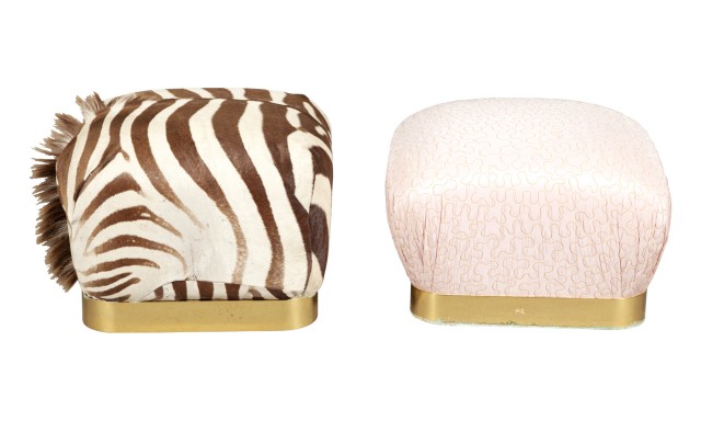 Two Karl Springer Brass and Upholstered Soufflé Ottomans