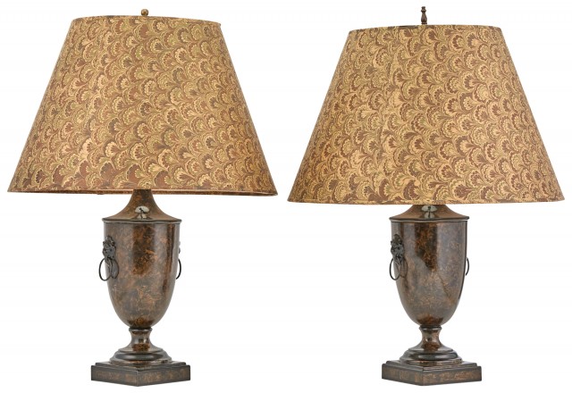 Pair of Tole Urn-Form Lamps with Marbleized Shades