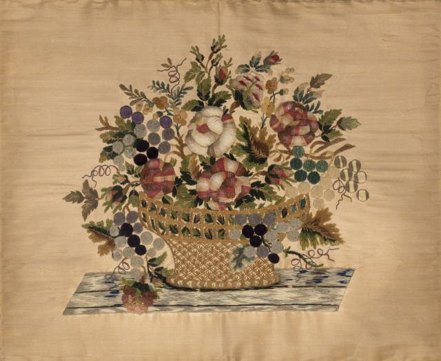 Cotton and Wool on Silk Needlework Flower Basket Picture