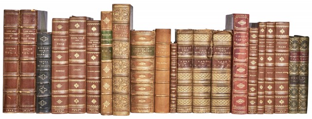 [BINDINGS]  Group of approximately sixty leather bound volumes.