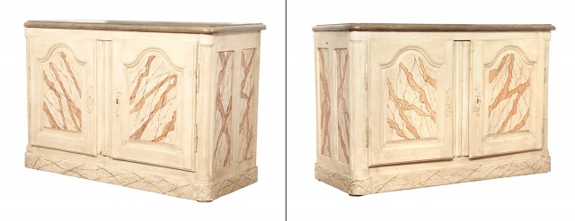 Pair of French Provincial Style Faux-Marble and Stone Topped Side Cabinets