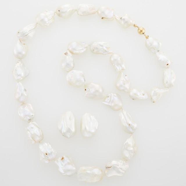 Long Gold, Baroque South Sea Cultured Pearl Necklace and Pair of Earrings