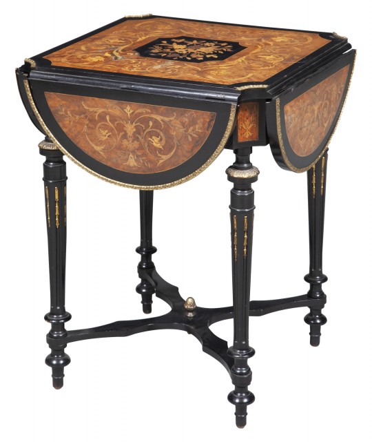 Napoleon III Gilt-Metal Mounted Marquetry Inlaid Part Ebonized Drop-Leaf Occasional Table