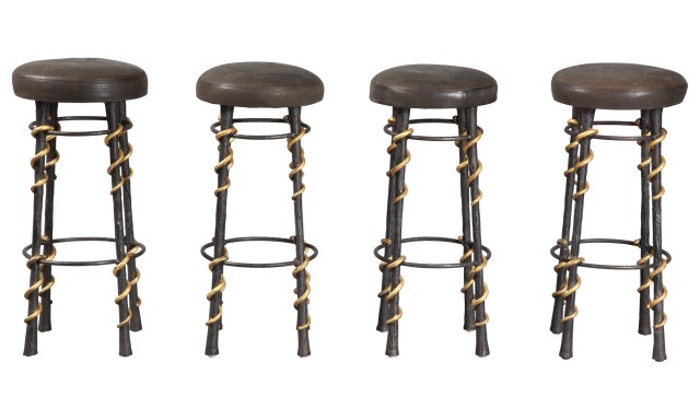 Set of Four Parcel Gilt-Bronze and Upholstered Bar Stools