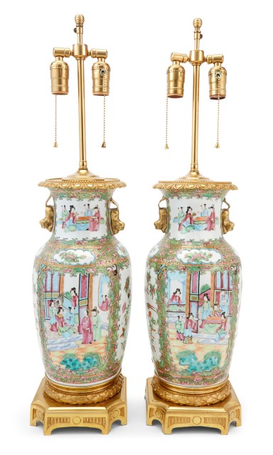 Pair of Chinese Export Gilt-Bronze Mounted Famille Rose Porcelain Lamps