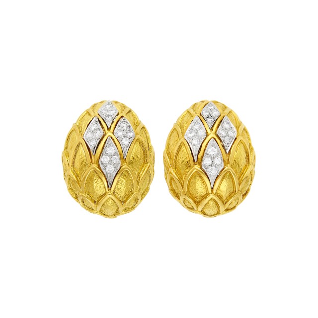 David Webb Pair of Gold, Platinum and Diamond Bombé Earclips