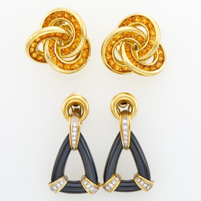Pair of Gold and Citrine Earclips and Pair of Gold, Onyx and Diamond Door Knocker Earclips
