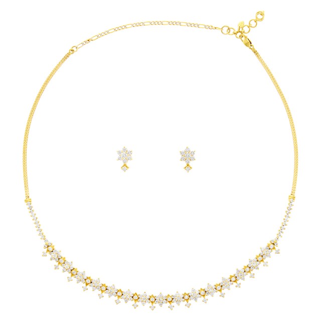 Gold and Diamond Floret Necklace and Pair of Earrings