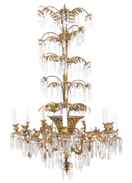 Louis XVI Style Gilt-Metal Basket-Form Twelve-Light Chandelier with Prisms
