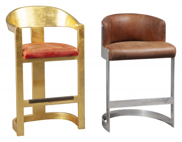 Karl Springer Leather and Giltwood Bar Stool