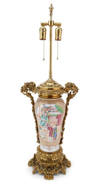 Chinese Export Gilt-Bronze Mounted Famille Rose Porcelain Lamp