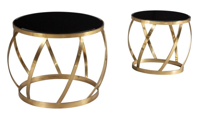 Two Karl Springer Brass and Smoky Glass Barrel Side Tables