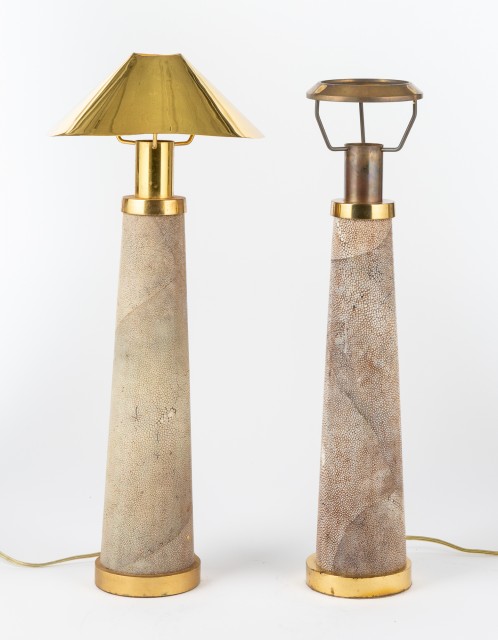 Two Karl Springer Style Shagreen and Brass Lighthouse