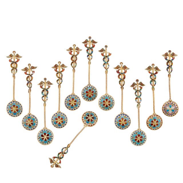 Set of Twelve Norwegian Silver-Gilt and Plique-à-Jour Enamel Spoons
