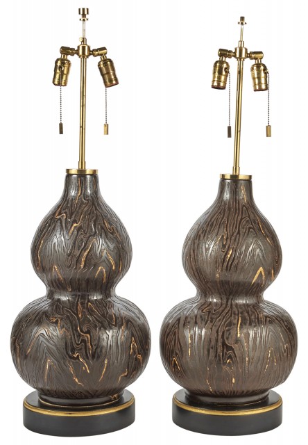 Pair of Karl Springer Textured Ceramic Double Gourd Table Lamps