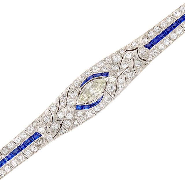 Art Deco Platinum, Diamond and Synthetic Sapphire Bracelet