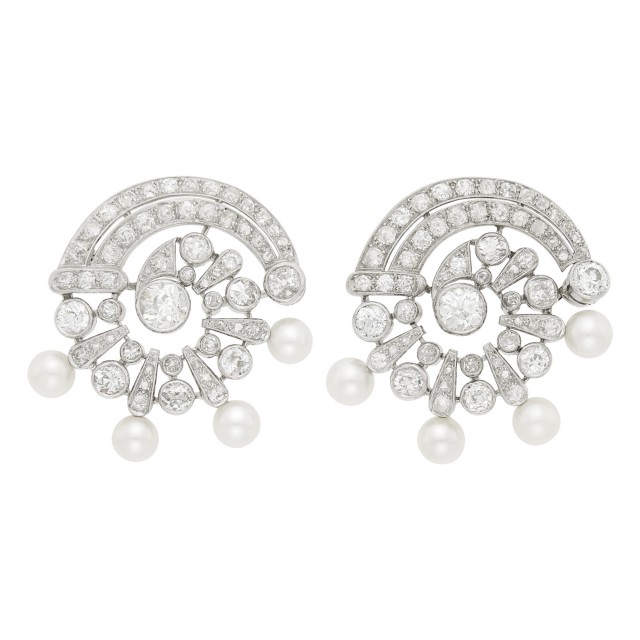 Pair of Platinum, Diamond and Cultured Pearl Clip-Brooches