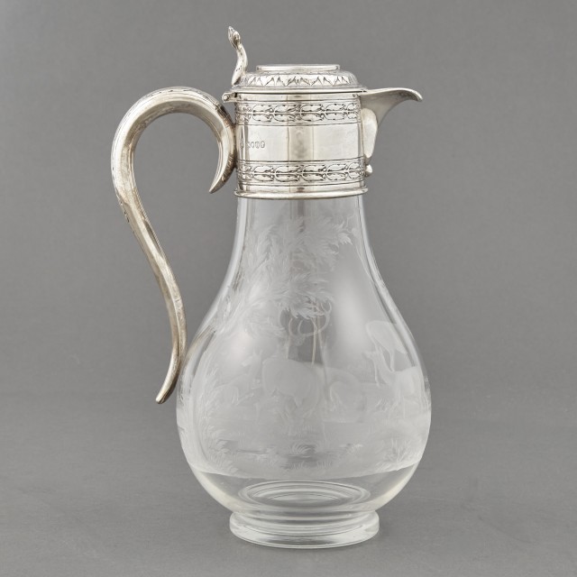 Victorian Sterling Silver Mounted Engraved Glass Claret Jug