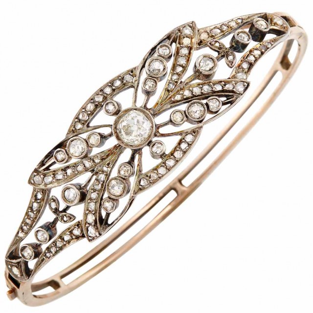 Antique Silver, Gold and Diamond Bangle Bracelet