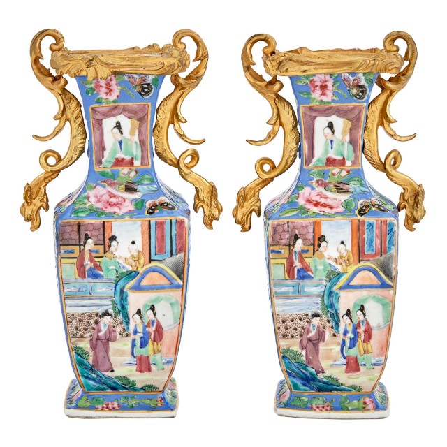 Pair of 19th Century Export Ormolu-Mounted Famille Rose Porcelain Vases