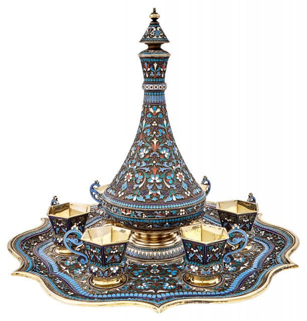 Russian Silver-Gilt and Cloisonné Enamel Vodka Set