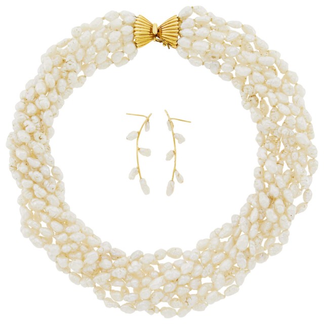 Ten Strand Freshwater Pearl Torsade Necklace with Gold Clasp and Pair of Pendant-Earrings