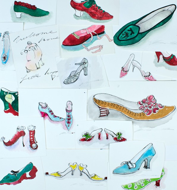 [SHOE DESIGNS and PUG PORTRAITS]  A group of original artwork and prints by Adine Schoonmaker.