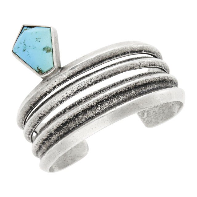 Charles Loloma Tufa-Cast and Fabricated Silver and Turquoise Cuff Bangle Bracelet