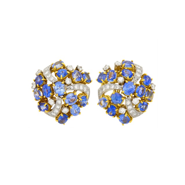 Pair of Gold, Platinum, Sapphire and Diamond Bombé Earclips