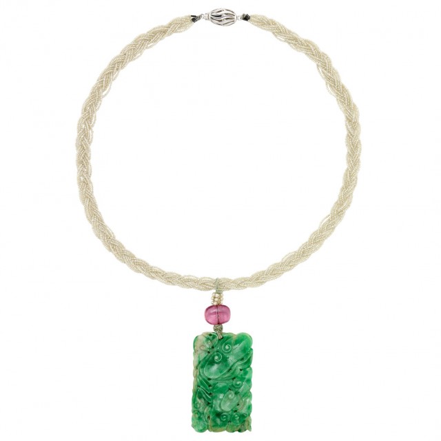 Braided Seed Pearl, White Gold, Carved Jade and Pink Tourmaline Bead  Pendant-Necklace