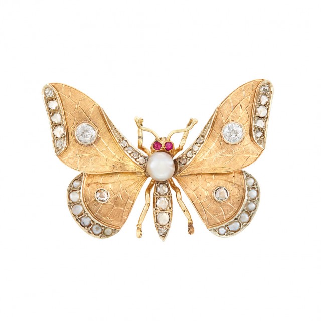 Antique Two-Color Gold, Diamond, Button and Split Pearl and Ruby Butterfly Brooch