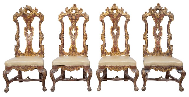 Set of Four Spanish Walnut and Parcel-Gilt Side Chairs, Probably Catalan