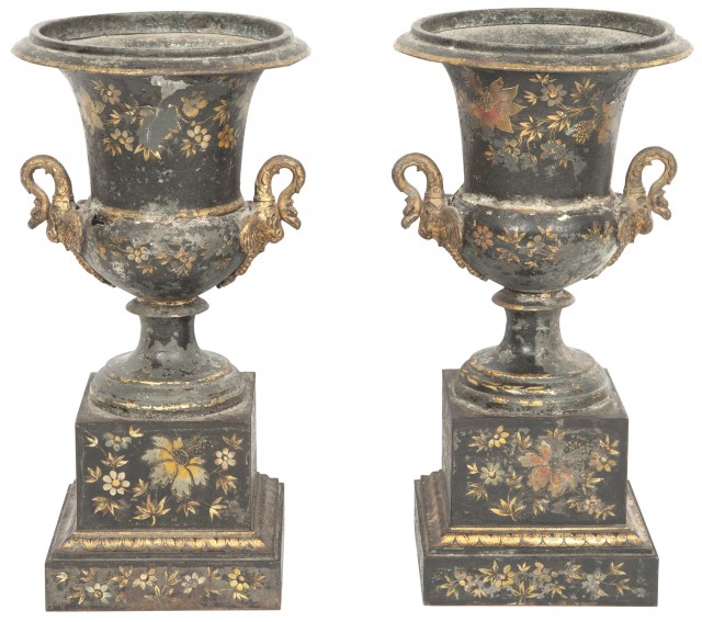 Pair of French Gilt-Decorated Tôle-Peinte Urns