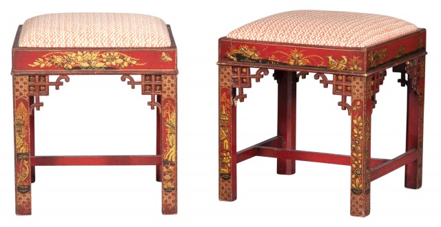 Pair of George III Style Chinoiserie-Decorated Red- and Gilt-Japanned Stools