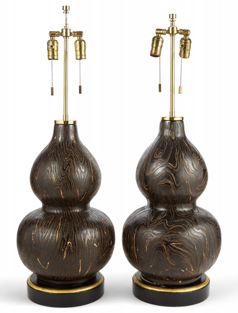 Pair of Karl Springer Textured Ceramic Double Gourd Table Lamps