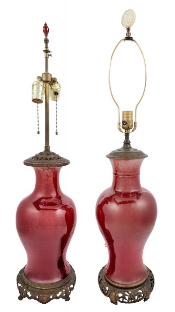 Two Chinese Metal Mounted Oxblood Glazed Porcelain Vases as Lamps