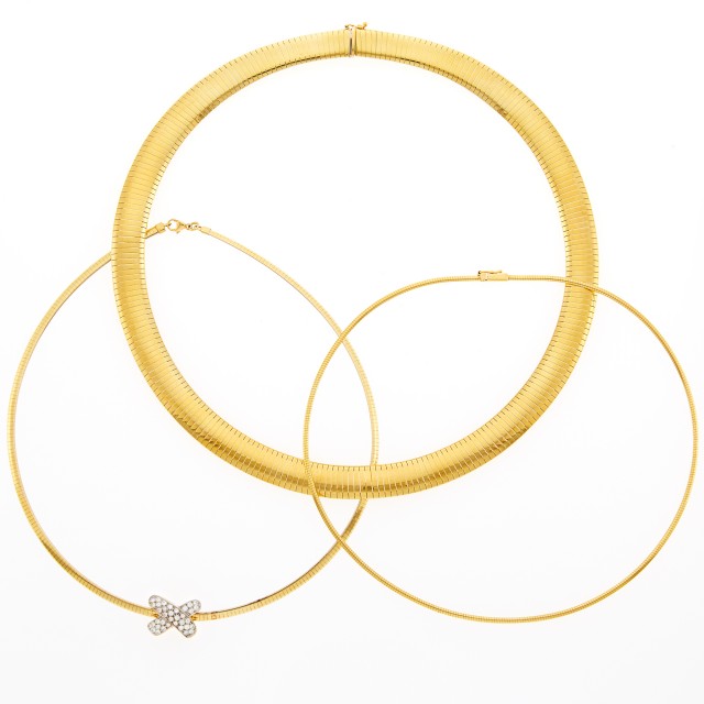 Three Two-Color Gold Necklaces and Gold and Diamond 'X' Pendant