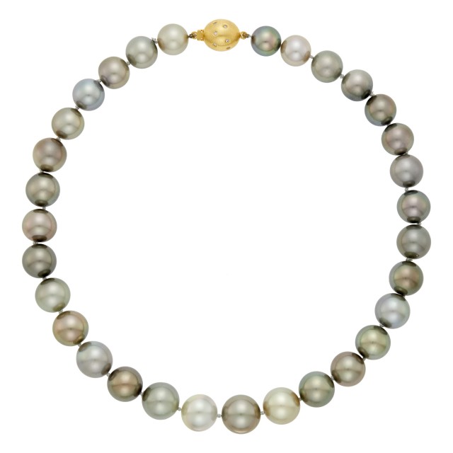 Tahitian Gray and Golden Cultured Pearl Necklace with Gold and Diamond Ball Clasp