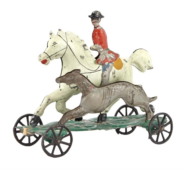 Squire on Horse Back Running with Grey Hound Tin Toy