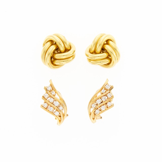 Pair of Gold Knot Earrings and Diamond Earrings