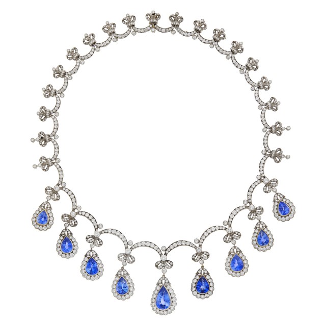 White Gold, Sapphire and Diamond Fringe Necklace
