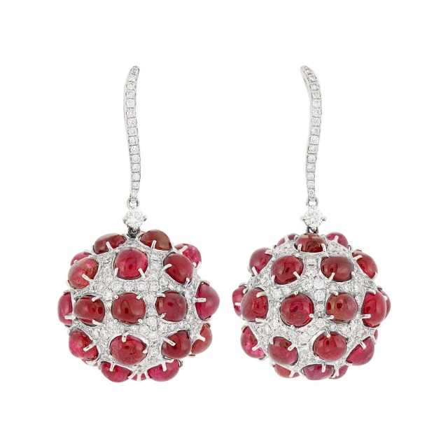 Pair of White Gold, Cabochon Ruby and Diamond Pendant-Earrings