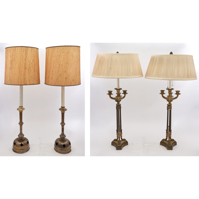 Pair of Empire Style Gilt and Patinated-Metal Tripod Lamps; Together with a Pair of Brass Candlestick Lamps