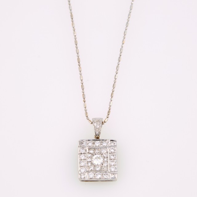 Diamond Pendant, 38 diamonds about 1.00 ct. and Gold Neck Chain, 14K 5 dwt.