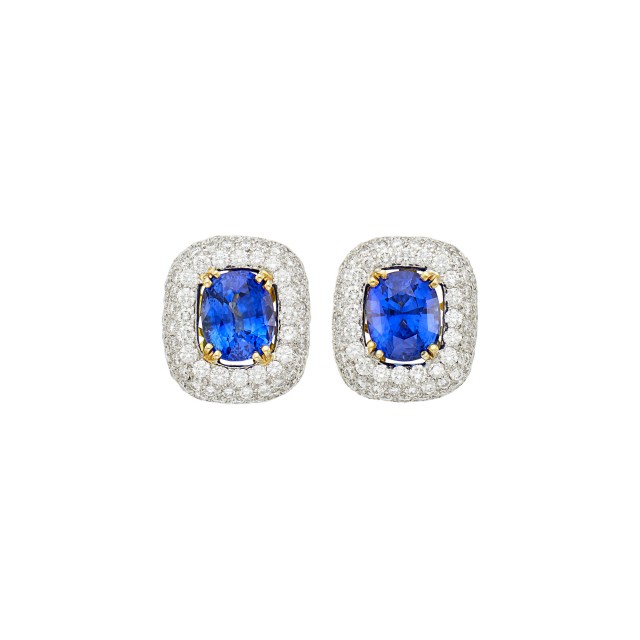 Pair of Two-Color Gold, Sapphire and Diamond Earclips