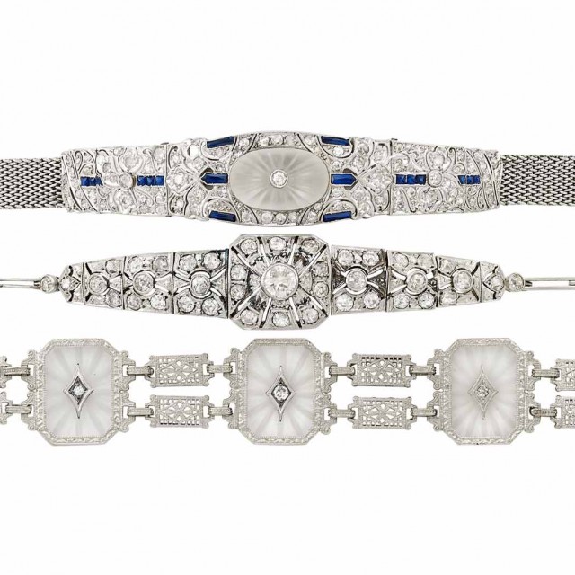 Three Platinum, Gold, Low Karat Gold, Diamond, Rock Crystal and Synthetic Sapphire Bracelets