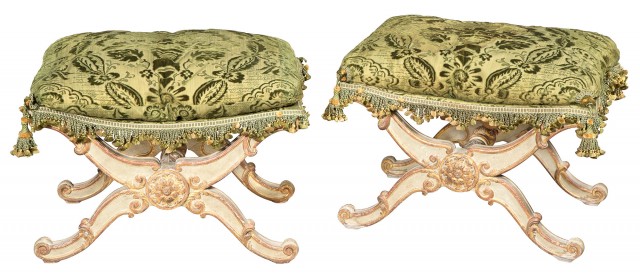 Pair of Louis XV/Louis XVI Transitional Style Painted and Parcel-Gilt Stools
