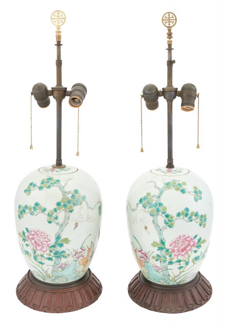 Pair of Chinese Famille Rose Porcelain Covered Jars as Lamps